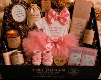 Tiny Human Survival Box™ | Fourth Trimester Gift | Personalized Baby Girl Gift Box | New Mom Self Care Gift | Baby Shower Gift