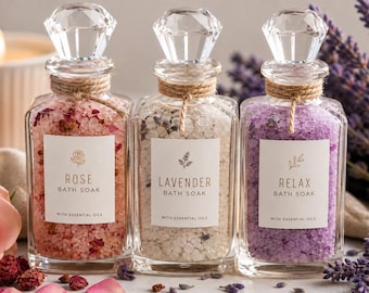 Set de regalo de sales de baño con aceites esenciales y frascos de boticario.