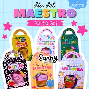 Könnte beinhalten: Eine Sammlung von sechs Geschenksets für Lehrer, jeweils mit einem Bath & Body Works Pocketbac-Handdesinfektionsmittel. Die Sets haben farbenfrohe Designs mit spanischem Text, darunter "Feliz día del Maestro" und "La mejor maestra eres tú."