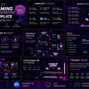 Puede incluir: Plantilla de presentación de juegos con un diseño en morado oscuro y negro, editable en Canva. Incluye imágenes de arrastrar y soltar, fuentes gratuitas y descarga instantánea. Diseñado para jugadores y creadores.