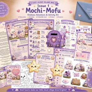 以下が含まれることがあります： Cozy Cloud Village Mail Issue 1 Mochi-Mofuの冒険とアクティビティキット。紫を基調とした印刷用紙、小さな郵便受け、白い犬のぬいぐるみ、青い封筒、星型のクッキーのイラストとテキストが含まれています。