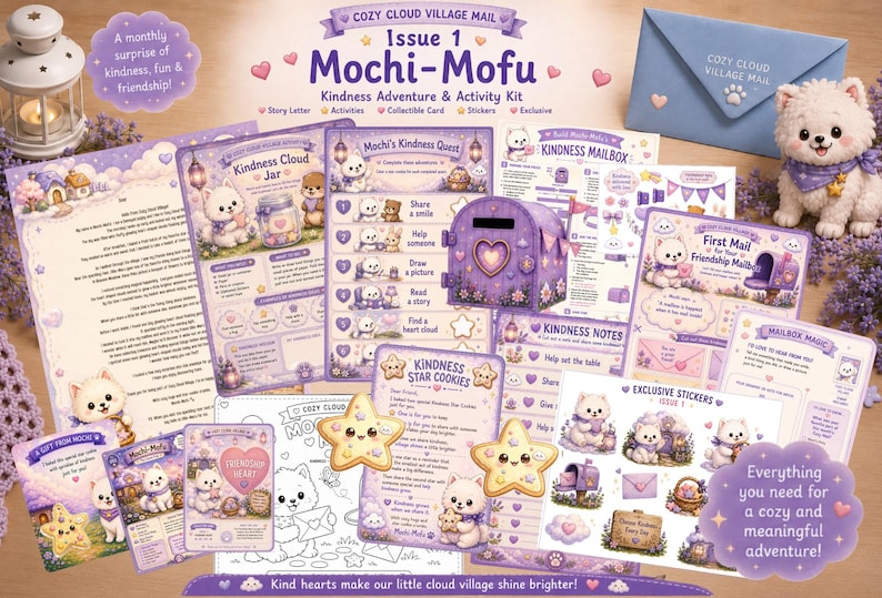 以下が含まれることがあります： Cozy Cloud Village Mail Issue 1 Mochi-Mofuの冒険とアクティビティキット。紫を基調とした印刷用紙、小さな郵便受け、白い犬のぬいぐるみ、青い封筒、星型のクッキーのイラストとテキストが含まれています。