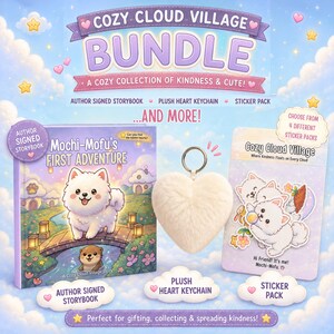 Författarsignerad Mochi-Mofu-bokpaket | Nyckelring och klistermärkespaket med plyschhjärta | Presentset med mysig molnby | Söt kawaii-barnbok