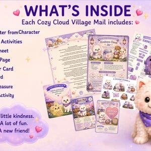 以下が含まれることがあります： Cozy Cloud Village Mailセット。ストーリーレター、アクティビティ、ステッカーシート、塗り絵、キャラクターカード、ハートカード、宝物、郵便ポストのアクティビティが含まれています。紫色のバンダナを巻いた白い子犬のフィギュア付き。