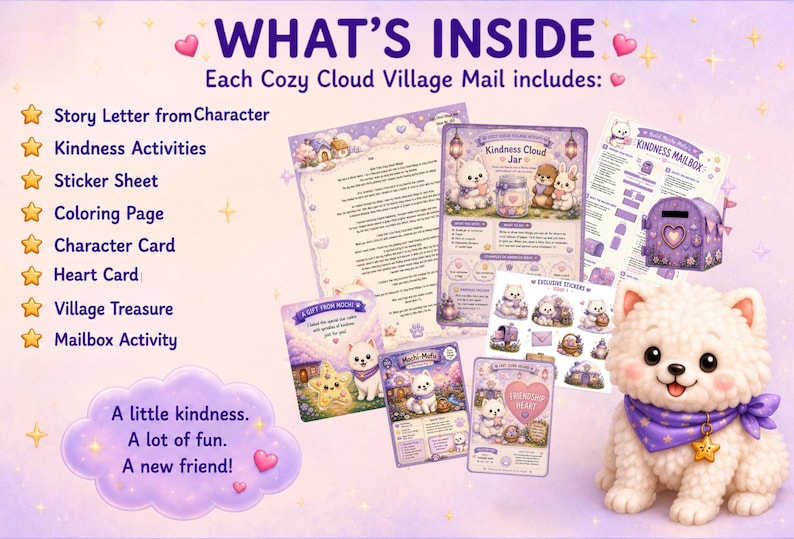 以下が含まれることがあります： Cozy Cloud Village Mailセット。ストーリーレター、アクティビティ、ステッカーシート、塗り絵、キャラクターカード、ハートカード、宝物、郵便ポストのアクティビティが含まれています。紫色のバンダナを巻いた白い子犬のフィギュア付き。