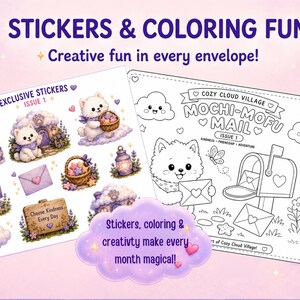 以下が含まれることがあります： STICKERS & COLORING FUNおよびMOCHI-MOFU MAIL ISSUE 1と題されたステッカーシートと塗り絵のセット。白いふわふわした犬、紫色の郵便受け、封筒、花のイラストが描かれており、色鉛筆が添えられています。