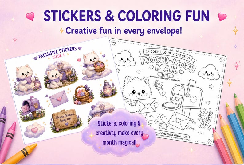 以下が含まれることがあります： STICKERS & COLORING FUNおよびMOCHI-MOFU MAIL ISSUE 1と題されたステッカーシートと塗り絵のセット。白いふわふわした犬、紫色の郵便受け、封筒、花のイラストが描かれており、色鉛筆が添えられています。