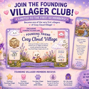 以下が含まれることがあります： 紫色のバンダナを巻いた白い子犬、限定のFounding Villagerカード、しおりが描かれたFounding Villager Clubのプロモーション画像。ラベンダーの花、雲、会員特典の詳細が記載されたテキストが含まれています。