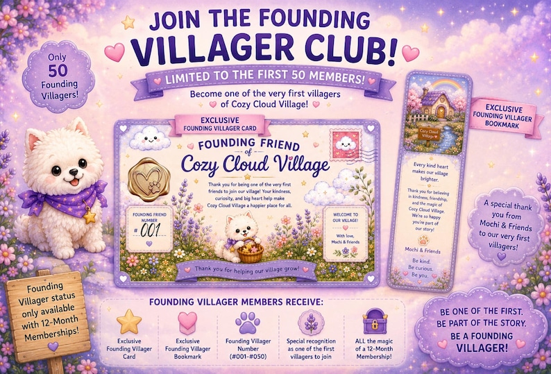 以下が含まれることがあります： 紫色のバンダナを巻いた白い子犬、限定のFounding Villagerカード、しおりが描かれたFounding Villager Clubのプロモーション画像。ラベンダーの花、雲、会員特典の詳細が記載されたテキストが含まれています。