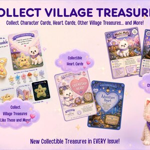 以下が含まれることがあります： Collect Village Treasures、Mochi-Mofu、Ollie-Maru、Kindness Star Cookie、Friendship Heart、Adventure Heartのテキストが書かれたイラスト入りのトレーディングカードと星型のアクリルチャーム、そして小さな白い犬のぬいぐるみのセット。