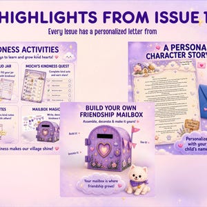 以下が含まれることがあります： HIGHLIGHTS FROM ISSUE 1と題された紫色の教育用アクティビティセット。親切の瓶、親切クエストのチェックリスト、メモ、組み立て式の友情ポスト、キャラクターからのパーソナライズされたストーリーレターが含まれています。