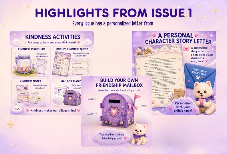 以下が含まれることがあります： HIGHLIGHTS FROM ISSUE 1と題された紫色の教育用アクティビティセット。親切の瓶、親切クエストのチェックリスト、メモ、組み立て式の友情ポスト、キャラクターからのパーソナライズされたストーリーレターが含まれています。