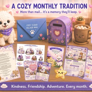 以下が含まれることがあります： 紫色のバンダナを巻いた白い子犬のぬいぐるみ、COZY CLOUD VILLAGE MAILと書かれた青い封筒、紫色の郵便受け、マシュマロ入りのマグカップ、ステッカーシート、イラスト入りのカード、紫色のアクセントが付いたアクティビティ用紙のセット。