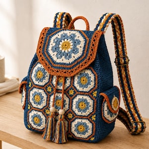 May include: A crochet backpack featuring a dark blue base with a multi-colored granny square pattern in shades of blue, white, and yellow. The bag includes a flap with a drawstring closure, two side pockets, adjustable straps, and two tassels.