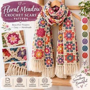 Può includere: Uno schema per sciarpa all'uncinetto intitolato Floral Meadow Crochet Scarf Pattern con un design a piastrelle granny floreali multicolori con bordi e frange color crema. L'immagine include testo, diagrammi e foto della sciarpa, oltre a icone per il download in PDF, istruzioni, grafici e foto passo dopo passo.