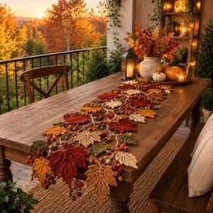 May include: A decorative table runner featuring a crochet pattern of autumn leaves in shades of red, orange, yellow, and green, interspersed with small clusters of crocheted berries, laid out on a rustic wooden table surface for seasonal decor.