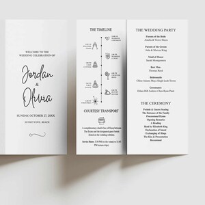 Plantilla minimalista de programa de boda tríptico: diseño infográfico moderno (descarga instantánea)