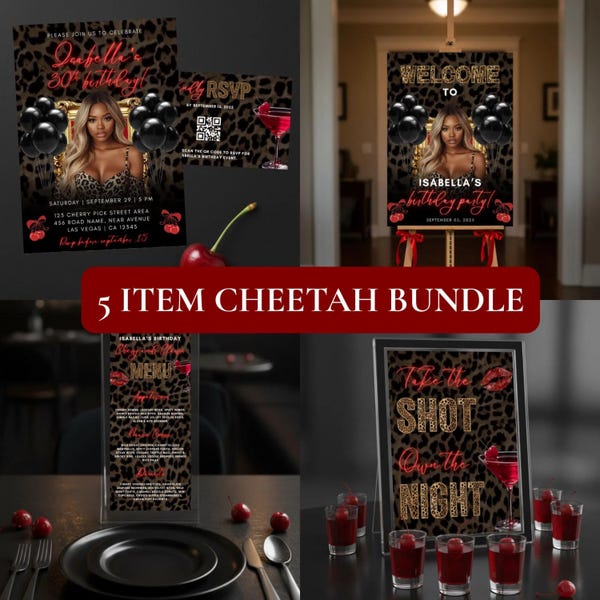 Cheetah Birthday Party Decor Bundle: Invitation, Menu, Poster (Digital Download)