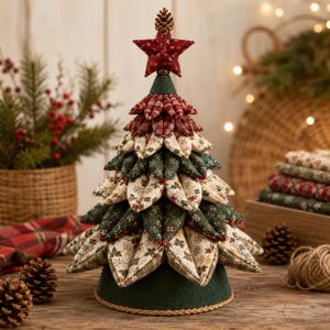 May include: A decorative fabric Christmas tree constructed from layered, quilted fabric petals in shades of red, cream, and dark green with various holiday patterns. The tree is topped with a small fabric star and a natural pinecone.
