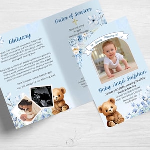 May include: A light blue funeral announcement with text and images. The front features a photo of a baby and the words "Baby Angel Snifshan." Inside, there's an obituary, order of service, and a photo of a baby with a teddy bear.