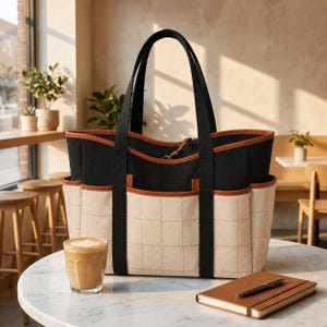 May include: A tote bag featuring a black upper section and a beige lower section with a subtle grid pattern. The bag includes brown trim along the pockets and top edge, two black shoulder straps, and a central zipper closure with a brown pull tab.