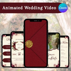 Puede incluir: Una visualización digital de una plantilla de video de boda animada en varios teléfonos inteligentes. Las pantallas muestran un sobre rojo oscuro con un sello de cera floral dorado, detalles de invitación para Alexander y Juliana y un cronograma.