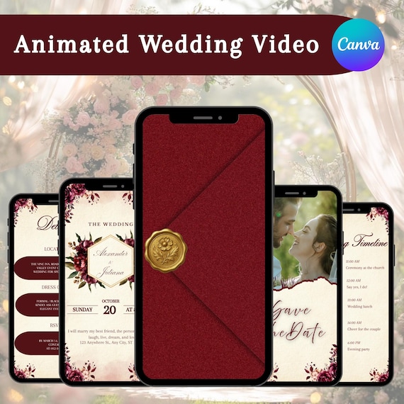 Animated Burgundy Wedding Invitation, Old Money Canva Evite (Digital Download)