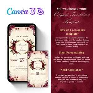 May include: A digital wedding invitation template displayed on a smartphone and a smaller card, featuring a cream background, dark red floral accents, and a gold hexagonal frame with the text Alexander & Juliana, Sunday October 20.