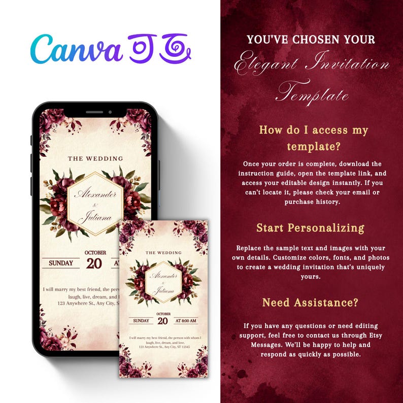 May include: A digital wedding invitation template displayed on a smartphone and a smaller card, featuring a cream background, dark red floral accents, and a gold hexagonal frame with the text Alexander & Juliana, Sunday October 20.