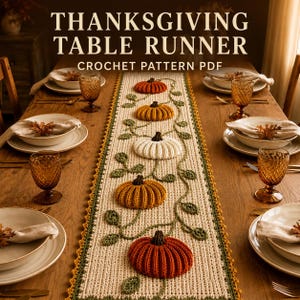 May include: A crochet table runner featuring a series of five pumpkins in shades of orange, yellow, and white, connected by green vines and leaves. The text THANKSGIVING TABLE RUNNER CROCHET PATTERN PDF is displayed at the top of the image.