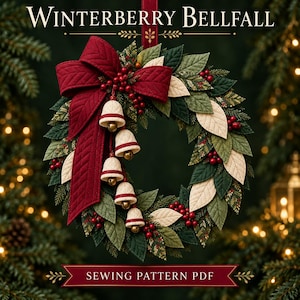 Op de afbeelding: Een Winterberry Bellfall naaipatroon PDF met een decoratieve krans gemaakt van doorgestikte donkergroene, lichtgroene en crèmekleurige stoffen bladeren, geaccentueerd met rode bessen, een grote doorgestikte rode strik en vijf hangende crèmekleurige stoffen klokjes.