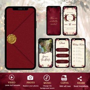 May include: A digital wedding invitation suite displayed on multiple smartphone screens, featuring a deep red envelope with a gold floral wax seal, invitation text, a save the date photo, event details, and a wedding timeline with floral accents.