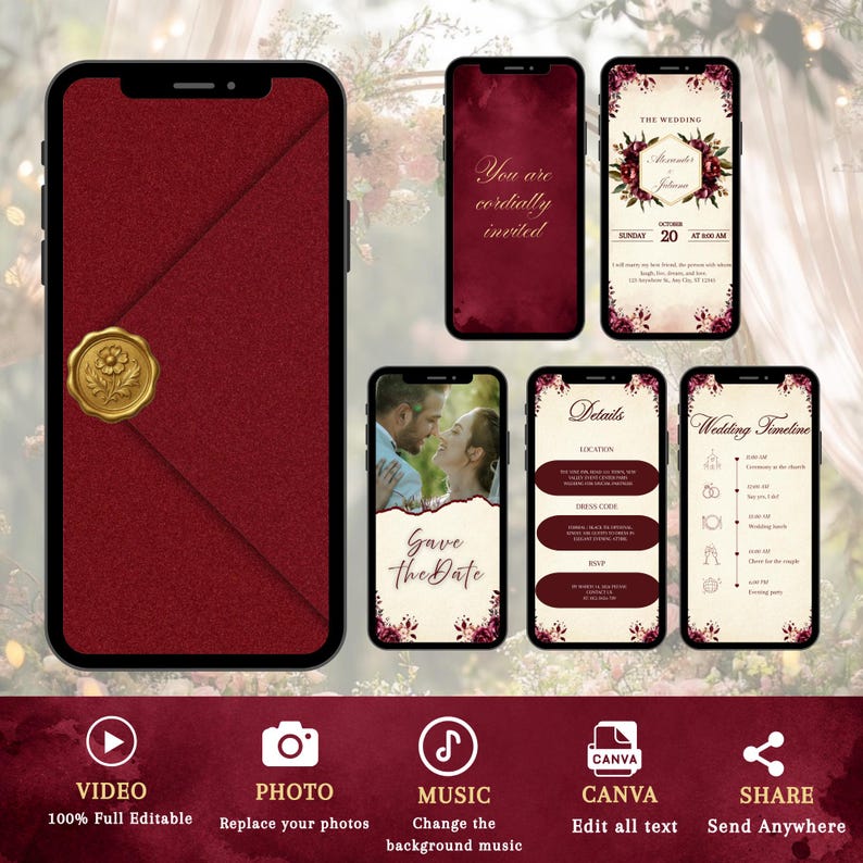 May include: A digital wedding invitation suite displayed on multiple smartphone screens, featuring a deep red envelope with a gold floral wax seal, invitation text, a save the date photo, event details, and a wedding timeline with floral accents.