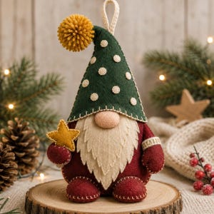 Puede incluir: Una figura de gnomo de fieltro con un sombrero puntiagudo verde oscuro con lunares color crema y un pompón amarillo. El gnomo tiene una barba beige, una nariz redonda y un cuerpo granate con manoplas y botas a juego, sosteniendo una estrella de fieltro.