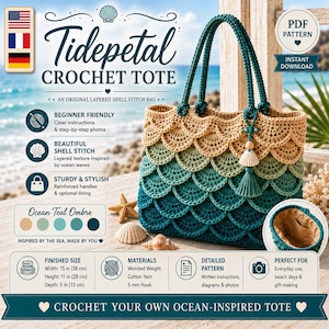 Häkelanleitung für eine Markttasche, Tidepetal-Tragetasche (PDF), mehrlagige Handtasche im Muschelmuster, digitaler Download