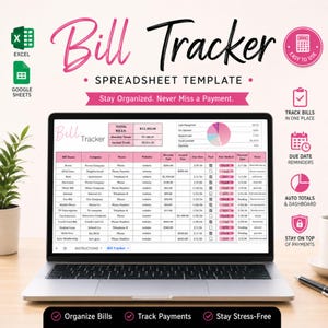 Bill Tracker Spreadsheet Template, Monthly & Annual Bill Organizer, Payment Due Date Tracker, Excel Budget Planner, Google Sheets