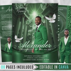 May include: A funeral program template in shades of emerald green featuring a portrait of a man in a green suit. The text reads In Loving Memory, Alexander, November 15th, 1969 - April 20th, 2024, and details for a service at Eternal Love Church in Detroit.