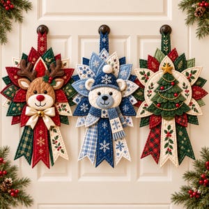 May include: Three quilted fabric wall hangings featuring holiday themes. The left shows a reindeer with a cream bow, the center a polar bear in a blue hat and scarf, and the right a green Christmas tree with a gold star, all with layered petals.