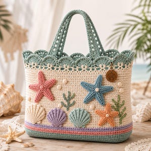 May include: A cream-colored crochet tote bag featuring a scalloped teal top edge and two handles. The front is decorated with appliqués of a pink starfish, a blue starfish, an orange starfish, various seashells in purple and teal, and green seaweed.