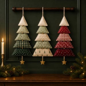 Puede incluir: Tres adornos de árbol de Navidad de tela colgados de una barra de madera oscura. Cada árbol consta de cinco segmentos triangulares apilados en tonos verdes, beige y rojos, con patrones de cuadros, puntos y estampados florales.