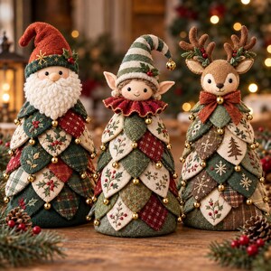 May include: Three decorative Christmas figurines featuring a Santa Claus, an elf, and a reindeer. Each figure has a cone-shaped body covered in layered fabric leaves with embroidered holiday patterns, accented with small gold bells and holly.