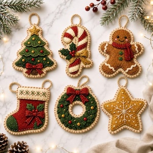 May include: Six felt Christmas ornaments featuring a green tree with a red bow, a red and white candy cane with holly, a brown gingerbread person with a red scarf, a red stocking, a green wreath with a red bow, and a gold star with white stitching.