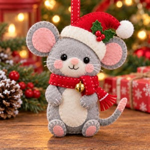 May include: A felt mouse ornament featuring a grey body with a cream belly, pink inner ears, and pink feet. The mouse wears a red and white Santa hat with green holly leaves and red berries, and a red scarf with a small gold jingle bell attached.