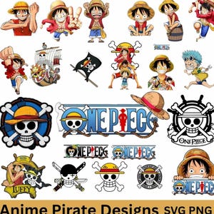 Puede incluir: Una colección de diseños de piratas de anime con personajes y logotipos. Los diseños incluyen ilustraciones de un personaje con un sombrero de paja, un barco pirata, una bandera pirata y el texto "ONE PIECE". La paleta de colores incluye rojo, amarillo, azul y negro.