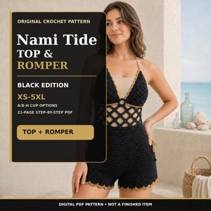 May include: A black crochet romper with a halter neckline, a central ring detail, and a lattice-style midsection. The garment features gold-toned trim along the edges and leg openings. Text on the image reads: Nami Tide TOP & ROMPER.