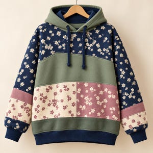 May include: A long-sleeve hooded sweatshirt featuring a patchwork design of navy blue fabric with white floral patterns, solid olive green panels, and cream and mauve sections with floral prints. It includes a drawstring hood and ribbed cuffs.