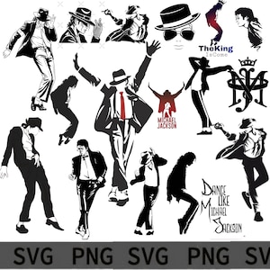 Könnte beinhalten: Eine Sammlung von Schwarz-Weiß-Illustrationen von Michael Jackson in verschiedenen Posen, darunter Tanz und das Tragen eines Huts. Einige Bilder enthalten Text wie "MICHAEL JACKSON" und "Dance Like Michael Jackson."