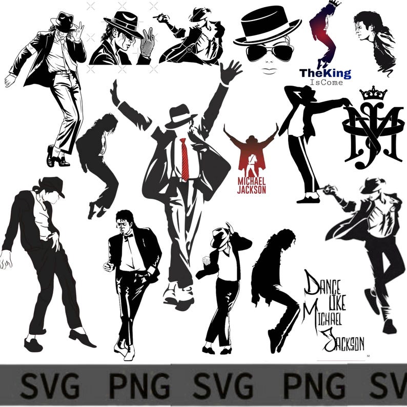 May include: A collection of black and white illustrations of Michael Jackson in various poses, including dancing and wearing a fedora. Some images include text such as "MICHAEL JACKSON" and "Dance Like Michael Jackson."
