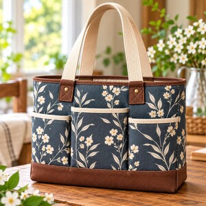 Patrón de costura para bolso tote estructurado con múltiples bolsillos, bolso de mercado de tela floral (descarga en PDF)