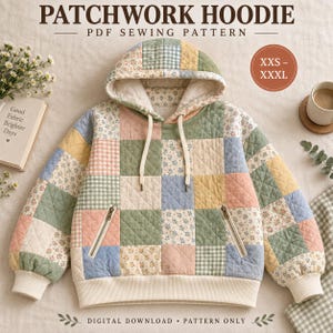 Peut inclure: Un sweat à capuche matelassé en patchwork composé d'une grille de carrés aux tons pastel avec des motifs floraux, vichy et unis. Il possède une capuche à cordons, des manches longues à poignets côtelés et deux poches zippées. Texte PATCHWORK HOODIE.